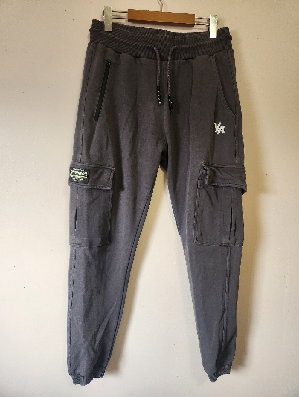 YoungLA 203 Skinny Tapered Cargo Joggers Charcoal Gray Large Athletic Sweatpants